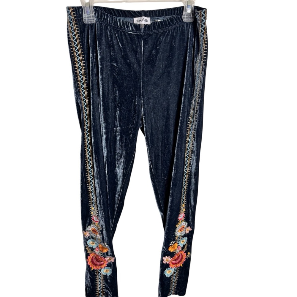 Time for me blue velour velvet floral embroidered pants leggings bohemian